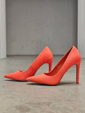 Crystal-Embellished Orange High Heels For Women Pointed Toe Stiletto Heel Elegan